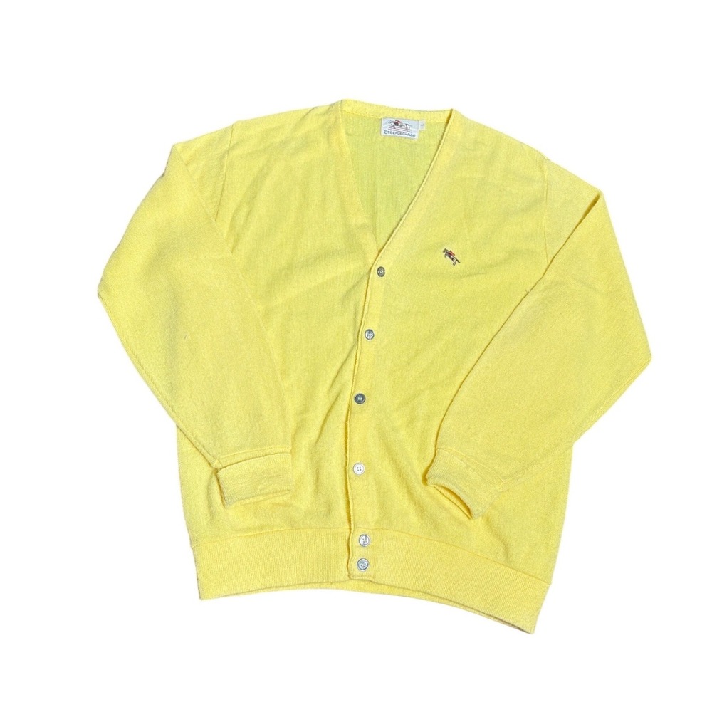 Steeplechase Vintage Yellow V-Neck Cardigan Sweater Mens Large Equestrian Logo